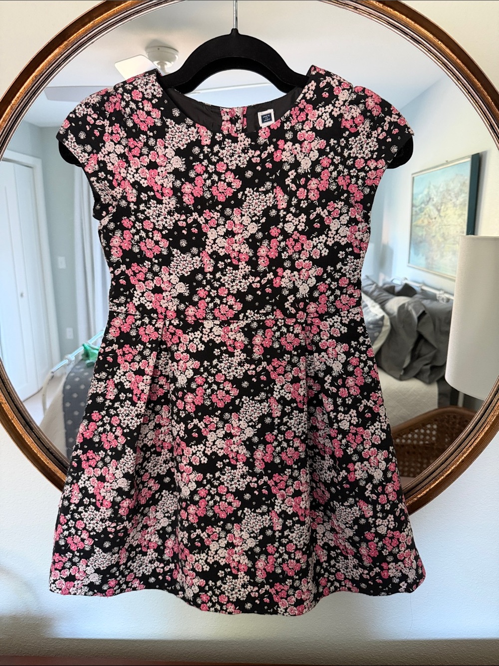 Janie and Jack Girls Black Floral Fit-and-Flare Dress with Pink and White Blooms